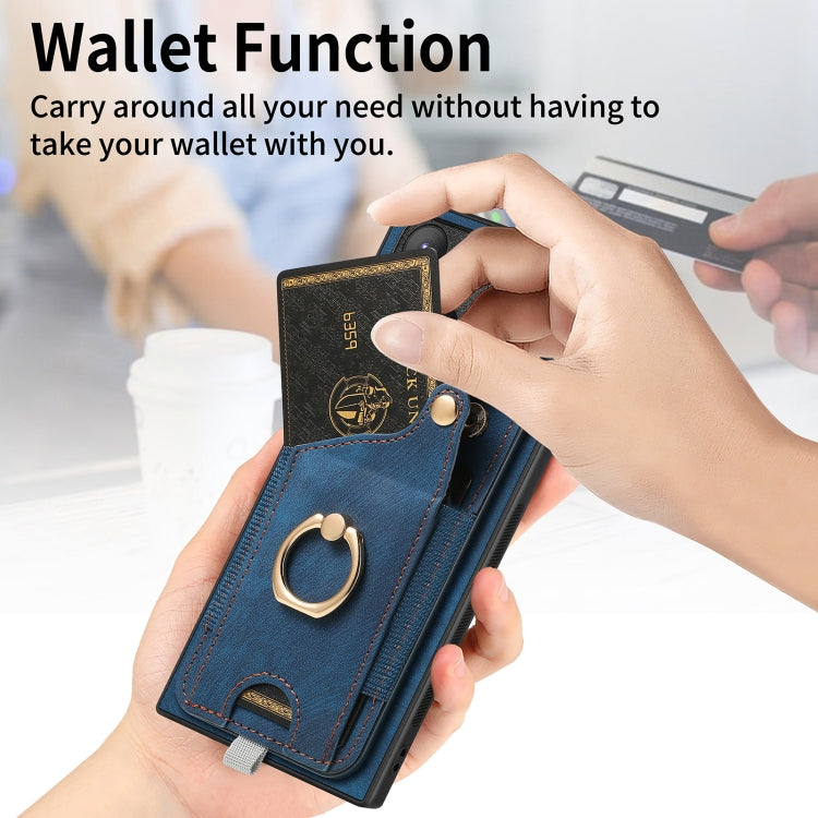 For Samsung Galaxy S23+ 5G Retro Skin-feel Ring Card Bag Phone Case with Hang Loop(Blue) - HoMEdemic™ 