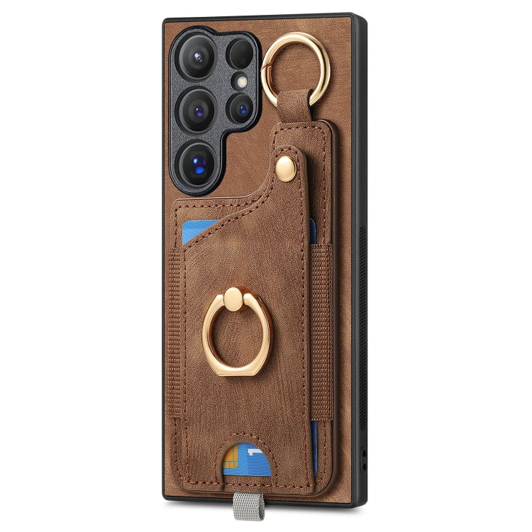 For Samsung Galaxy S23+ 5G Retro Skin-feel Ring Card Bag Phone Case with Hang Loop(Brown) - HoMEdemic™ 