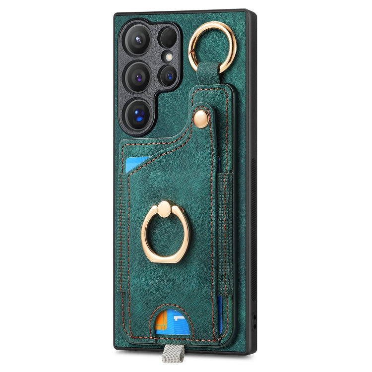 For Samsung Galaxy S23+ 5G Retro Skin-feel Ring Card Bag Phone Case with Hang Loop(Green) - HoMEdemic™ 