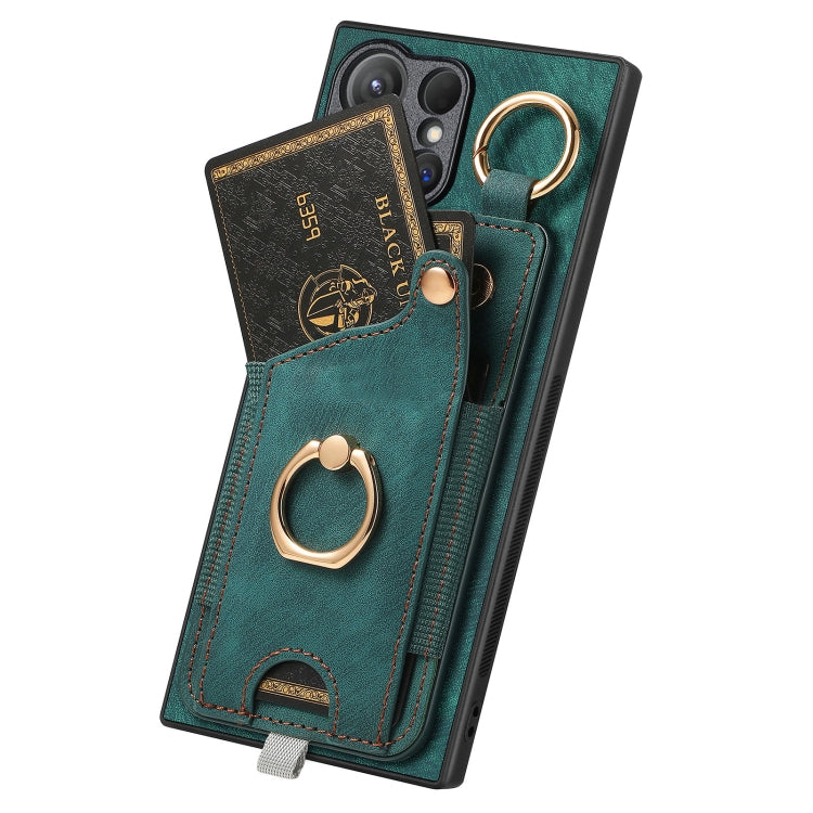 For Samsung Galaxy S23+ 5G Retro Skin-feel Ring Card Bag Phone Case with Hang Loop(Green) - HoMEdemic™ 
