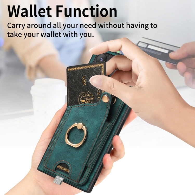 For Samsung Galaxy S23+ 5G Retro Skin-feel Ring Card Bag Phone Case with Hang Loop(Green) - HoMEdemic™ 