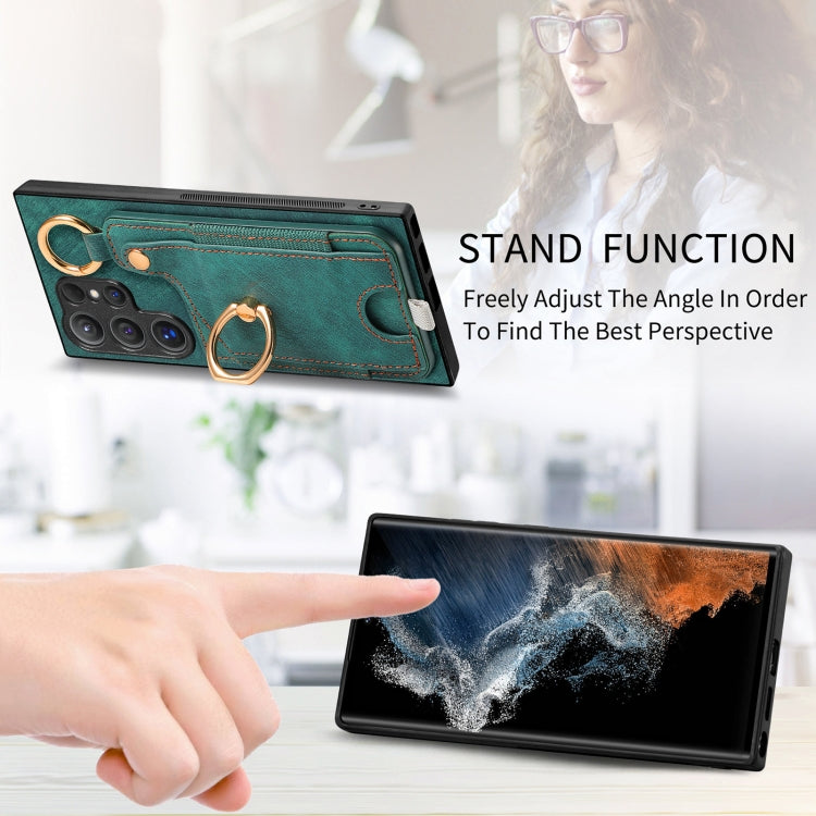For Samsung Galaxy S23+ 5G Retro Skin-feel Ring Card Bag Phone Case with Hang Loop(Green) - HoMEdemic™ 