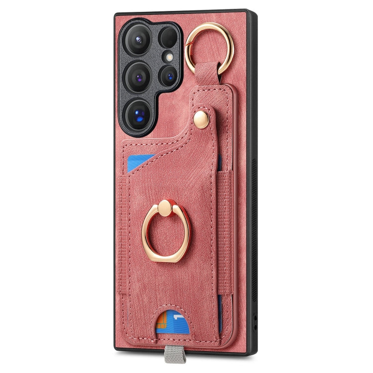 For Samsung Galaxy S23+ 5G Retro Skin-feel Ring Card Bag Phone Case with Hang Loop(Pink) - HoMEdemic™ 