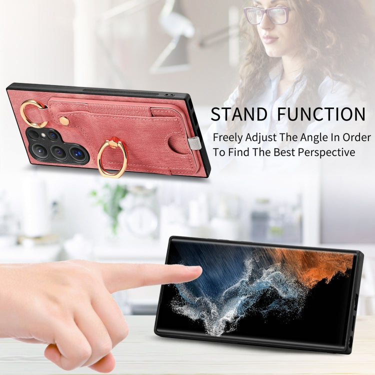 For Samsung Galaxy S23+ 5G Retro Skin-feel Ring Card Bag Phone Case with Hang Loop(Pink) - HoMEdemic™ 