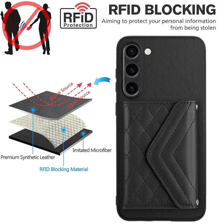 For Samsung Galaxy S23+ 5G Rhombic Texture Card Bag RFID Phone Case with Long Lanyard(Black) - HoMEdemic™ 