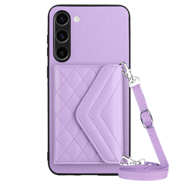 For Samsung Galaxy S23+ 5G Rhombic Texture Card Bag RFID Phone Case with Long Lanyard(Light Purple) - HoMEdemic™ 