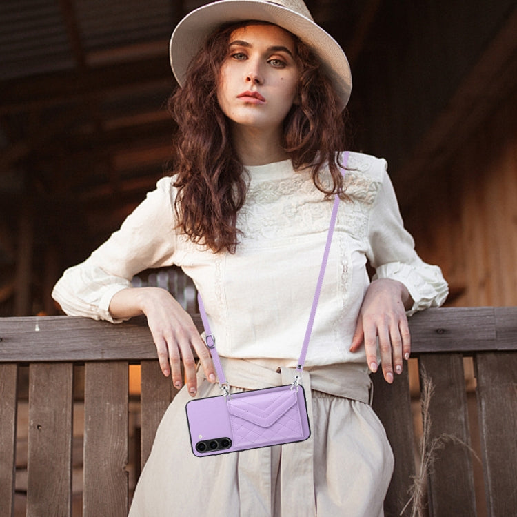 For Samsung Galaxy S23+ 5G Rhombic Texture Card Bag RFID Phone Case with Long Lanyard(Light Purple) - HoMEdemic™ 