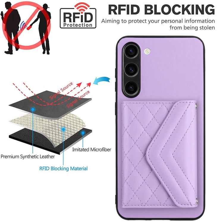 For Samsung Galaxy S23+ 5G Rhombic Texture Card Bag RFID Phone Case with Long Lanyard(Light Purple) - HoMEdemic™ 