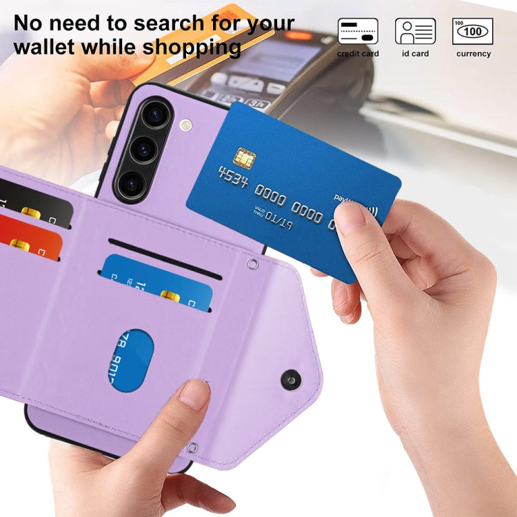 For Samsung Galaxy S23+ 5G Rhombic Texture Card Bag RFID Phone Case with Long Lanyard(Light Purple) - HoMEdemic™ 
