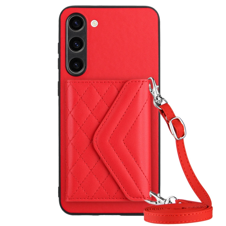 For Samsung Galaxy S23+ 5G Rhombic Texture Card Bag RFID Phone Case with Long Lanyard(Red) - HoMEdemic™ 