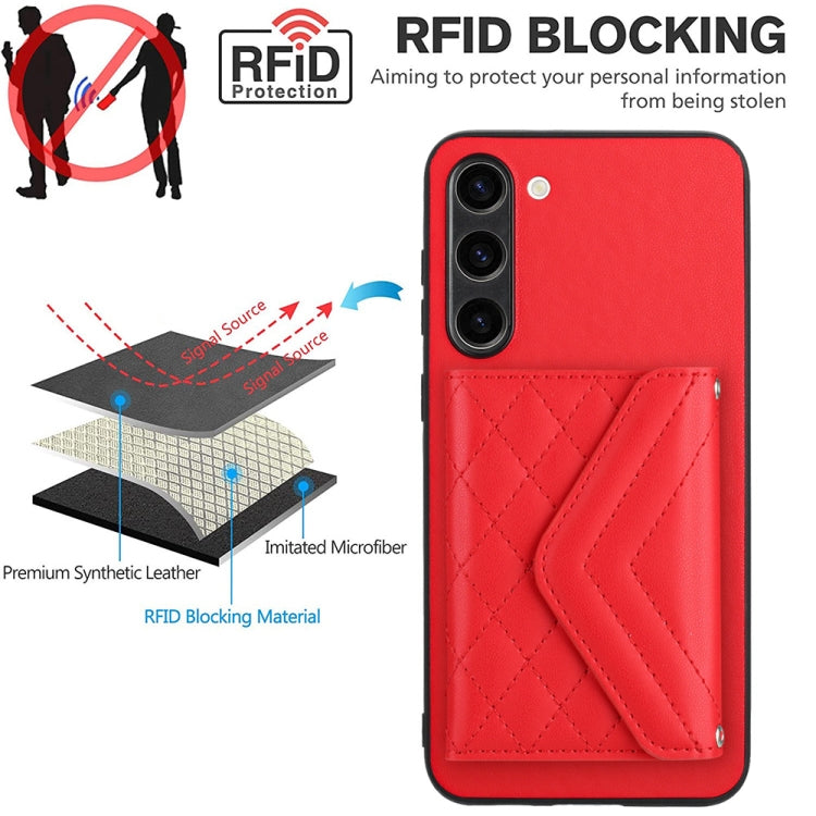 For Samsung Galaxy S23+ 5G Rhombic Texture Card Bag RFID Phone Case with Long Lanyard(Red) - HoMEdemic™ 