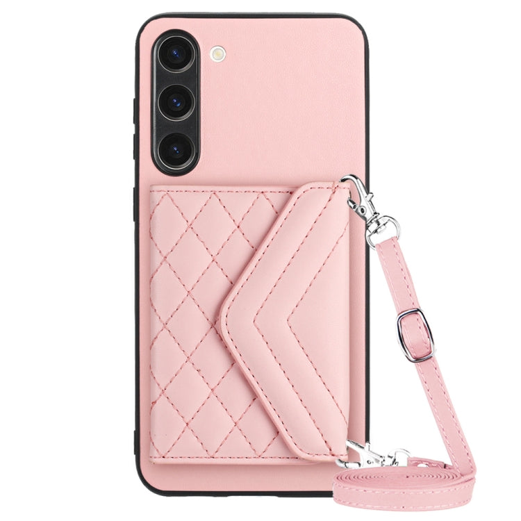 For Samsung Galaxy S23+ 5G Rhombic Texture Card Bag RFID Phone Case with Long Lanyard(Rose Gold) - HoMEdemic™ 