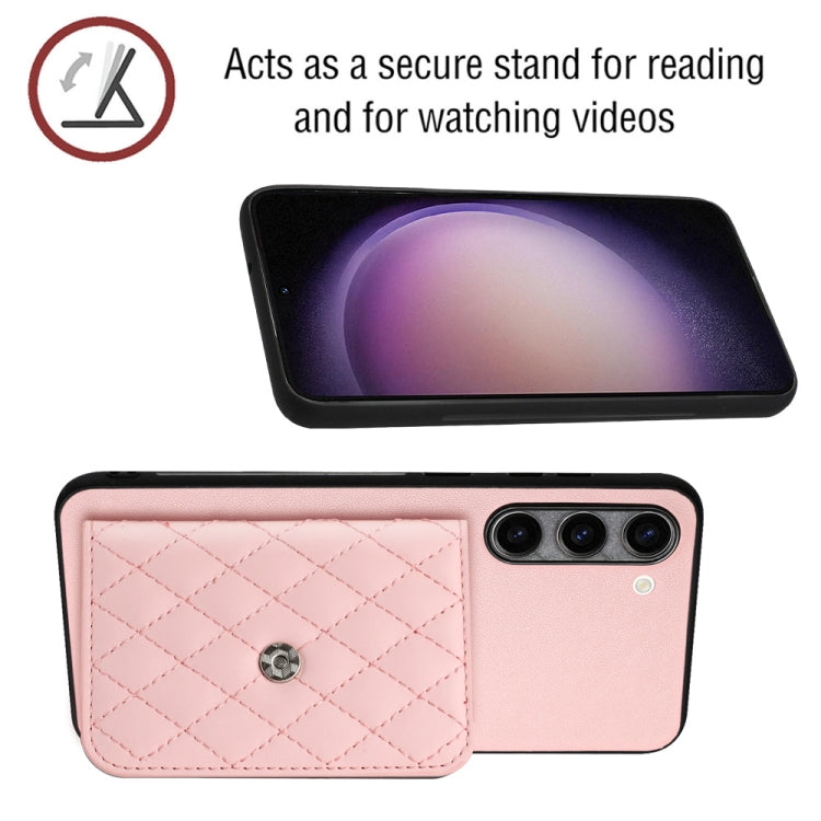 For Samsung Galaxy S23+ 5G Rhombic Texture Card Bag RFID Phone Case with Long Lanyard(Rose Gold) - HoMEdemic™ 