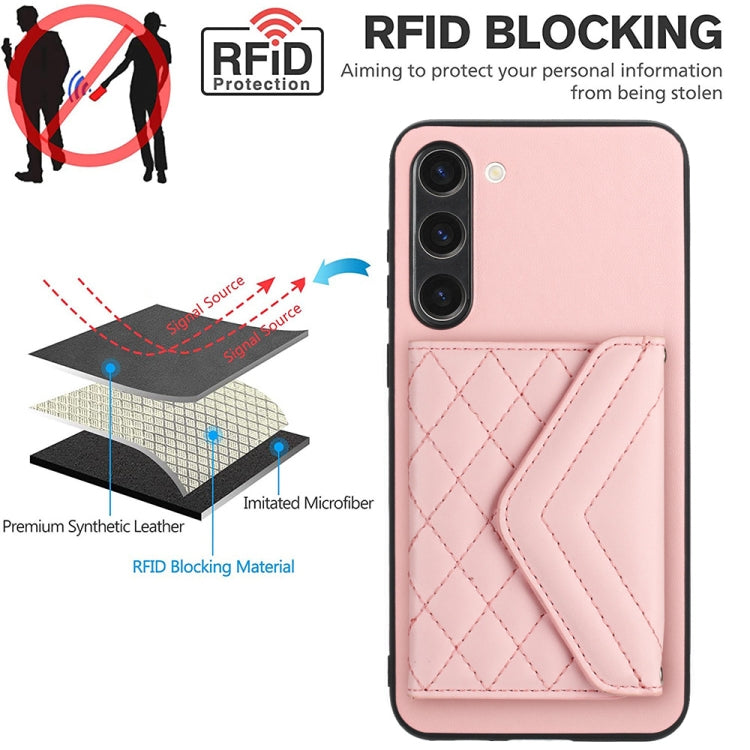 For Samsung Galaxy S23+ 5G Rhombic Texture Card Bag RFID Phone Case with Long Lanyard(Rose Gold) - HoMEdemic™ 