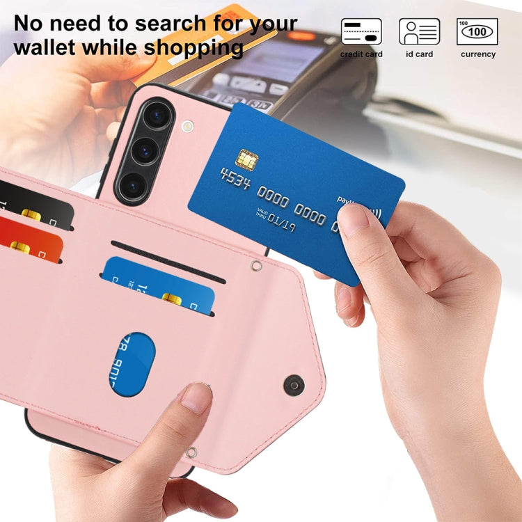 For Samsung Galaxy S23+ 5G Rhombic Texture Card Bag RFID Phone Case with Long Lanyard(Rose Gold) - HoMEdemic™ 