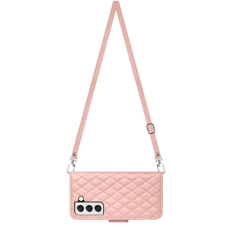 For Samsung Galaxy S23+ 5G Rhombic Texture Flip Leather Phone Case with Long Lanyard(Coral Pink) - HoMEdemic™ 