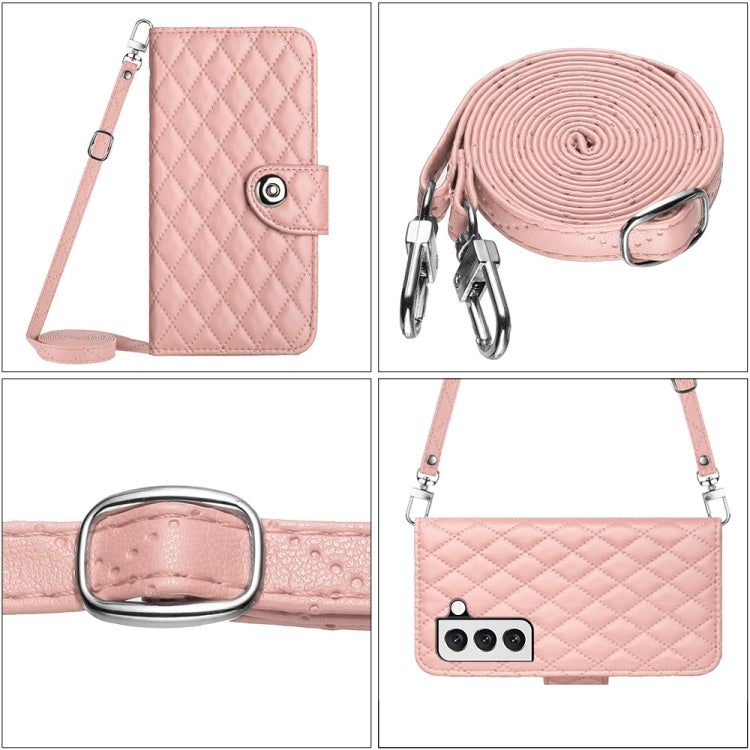 For Samsung Galaxy S23+ 5G Rhombic Texture Flip Leather Phone Case with Long Lanyard(Coral Pink) - HoMEdemic™ 