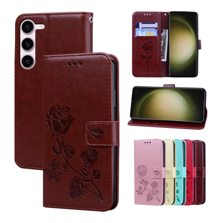 For Samsung Galaxy S23+ 5G Rose Embossed Flip PU Leather Phone Case(Brown) - HoMEdemic™ 