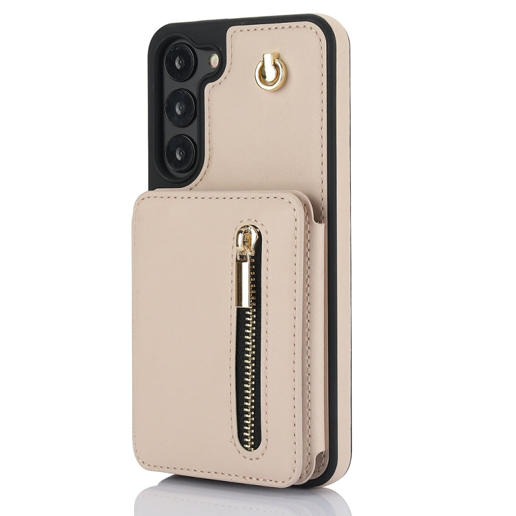 For Samsung Galaxy S23+ 5G YM006 Skin Feel Zipper Card Bag Phone Case with Dual Lanyard(Apricot) - HoMEdemic™ 