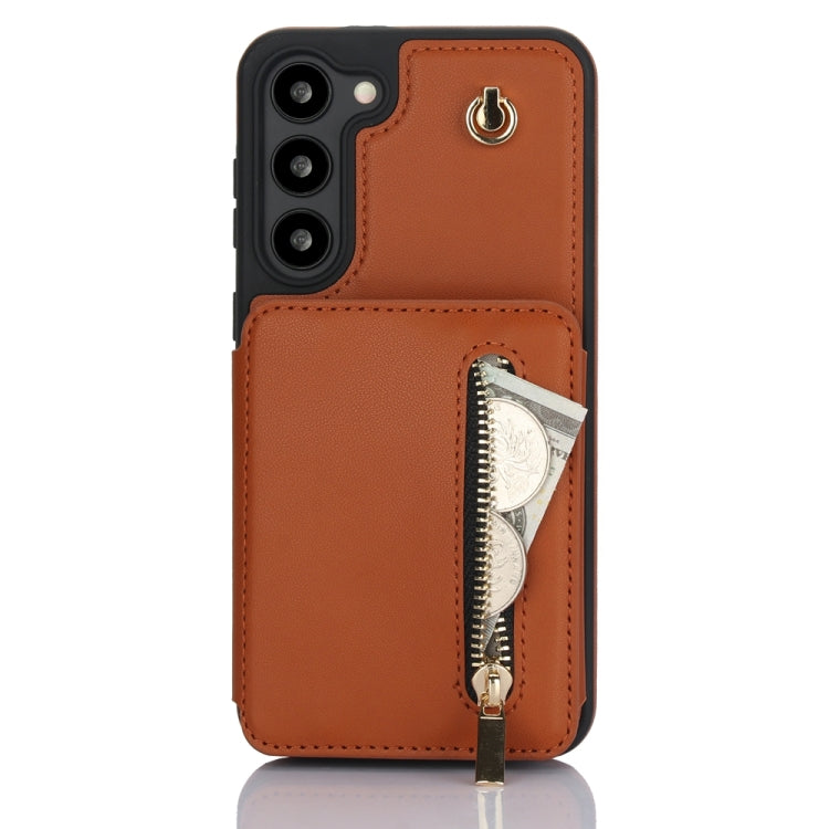For Samsung Galaxy S23+ 5G YM006 Skin Feel Zipper Card Bag Phone Case with Dual Lanyard(Brown) - HoMEdemic™ 