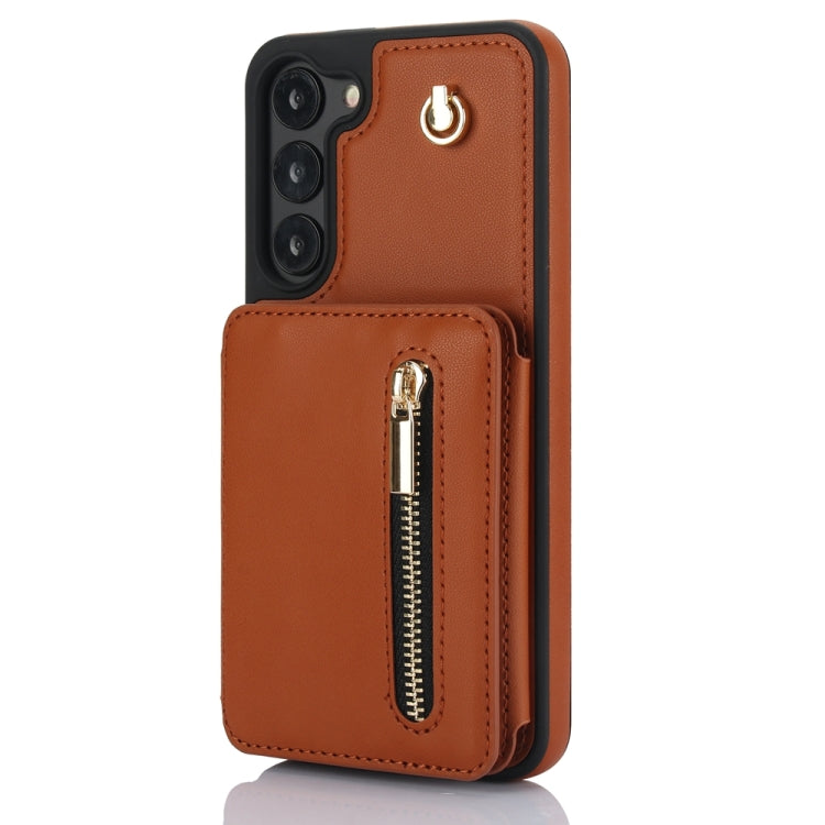 For Samsung Galaxy S23+ 5G YM006 Skin Feel Zipper Card Bag Phone Case with Dual Lanyard(Brown) - HoMEdemic™ 