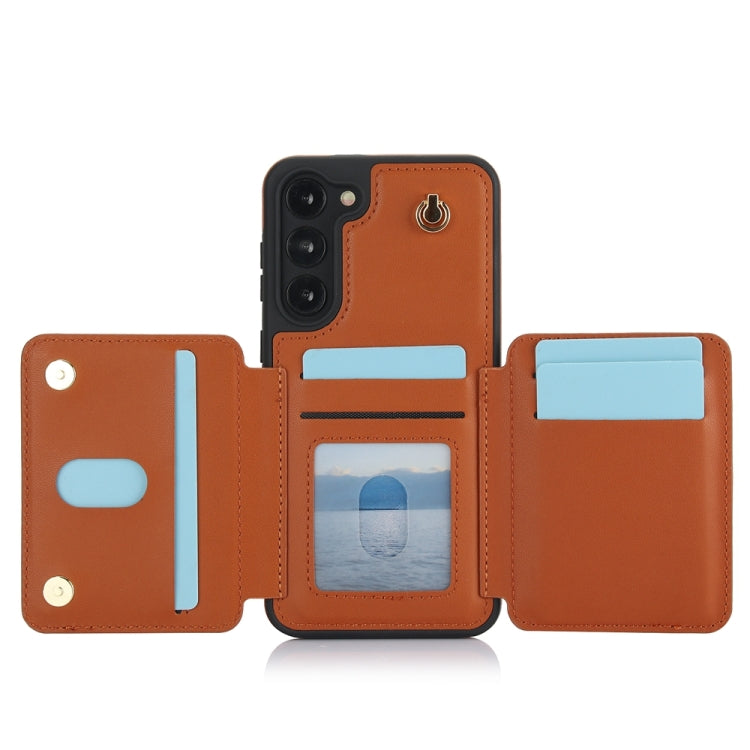 For Samsung Galaxy S23+ 5G YM006 Skin Feel Zipper Card Bag Phone Case with Dual Lanyard(Brown) - HoMEdemic™ 