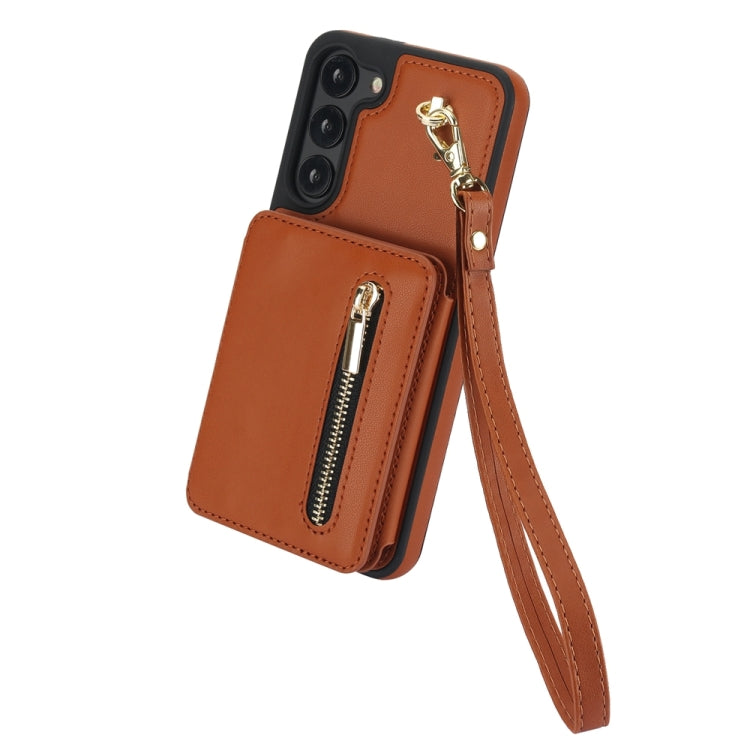 For Samsung Galaxy S23+ 5G YM006 Skin Feel Zipper Card Bag Phone Case with Dual Lanyard(Brown) - HoMEdemic™ 
