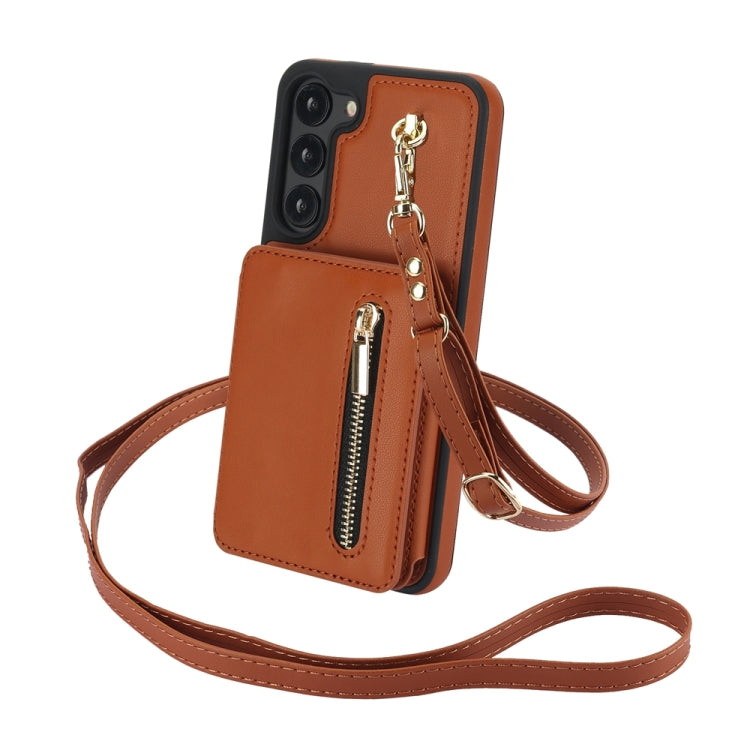 For Samsung Galaxy S23+ 5G YM006 Skin Feel Zipper Card Bag Phone Case with Dual Lanyard(Brown) - HoMEdemic™ 