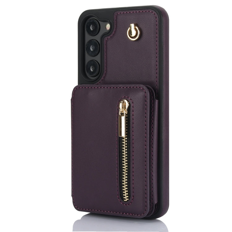For Samsung Galaxy S23+ 5G YM006 Skin Feel Zipper Card Bag Phone Case with Dual Lanyard(Dark Purple) - HoMEdemic™ 