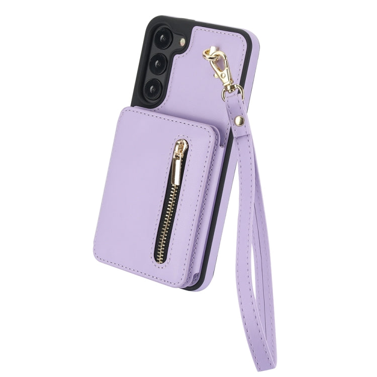 For Samsung Galaxy S23+ 5G YM006 Skin Feel Zipper Card Bag Phone Case with Dual Lanyard(Light Purple) - HoMEdemic™ 