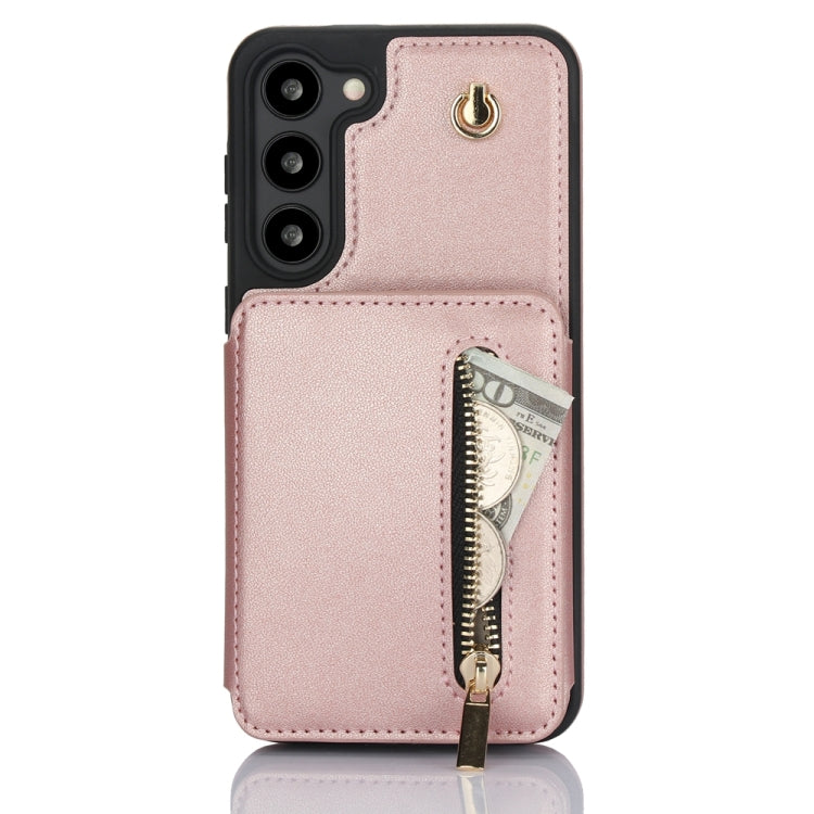 For Samsung Galaxy S23+ 5G YM006 Skin Feel Zipper Card Bag Phone Case with Dual Lanyard(Rose Gold) - HoMEdemic™ 