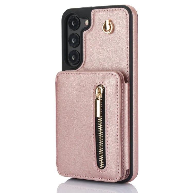 For Samsung Galaxy S23+ 5G YM006 Skin Feel Zipper Card Bag Phone Case with Dual Lanyard(Rose Gold) - HoMEdemic™ 