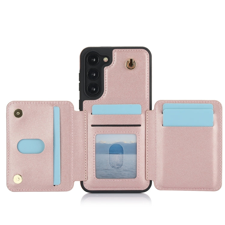 For Samsung Galaxy S23+ 5G YM006 Skin Feel Zipper Card Bag Phone Case with Dual Lanyard(Rose Gold) - HoMEdemic™ 