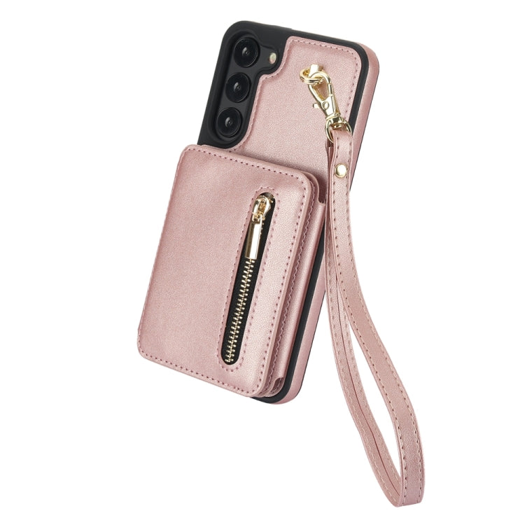 For Samsung Galaxy S23+ 5G YM006 Skin Feel Zipper Card Bag Phone Case with Dual Lanyard(Rose Gold) - HoMEdemic™ 