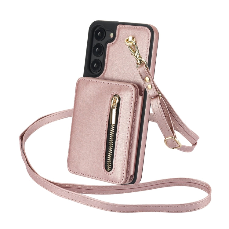 For Samsung Galaxy S23+ 5G YM006 Skin Feel Zipper Card Bag Phone Case with Dual Lanyard(Rose Gold) - HoMEdemic™ 