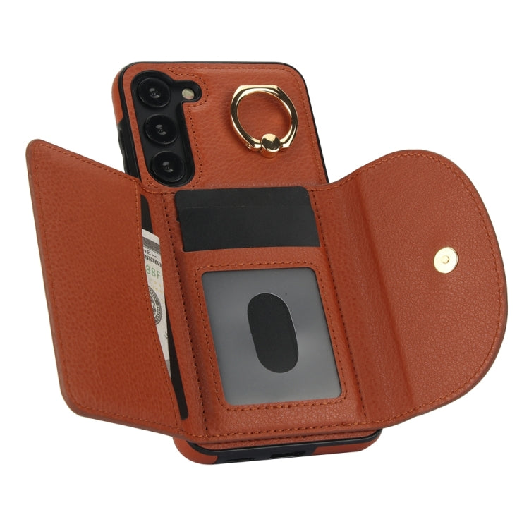 For Samsung Galaxy S23+ 5G YM007 Ring Holder Card Bag Skin Feel Phone Case(Brown) - HoMEdemic™ 