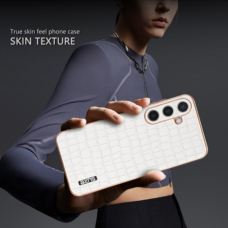 For Samsung Galaxy S24 5G AZNS Electroplated Frame Crocodile Texture Full Coverage Phone Case(White) - HoMEdemic™ 