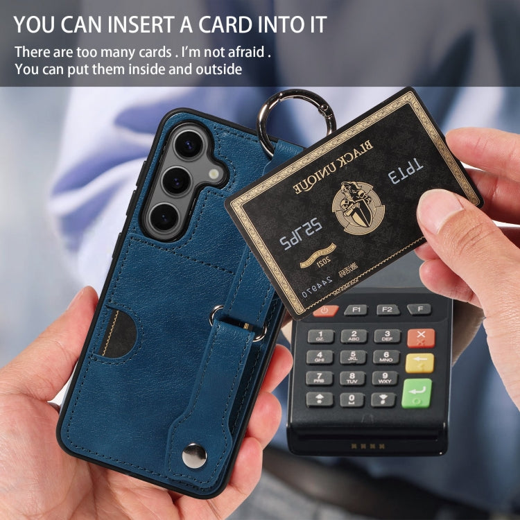 For Samsung Galaxy S24 5G Calf Texture Wrist Card Slot Ring Phone Case(Blue) - HoMEdemic™ 