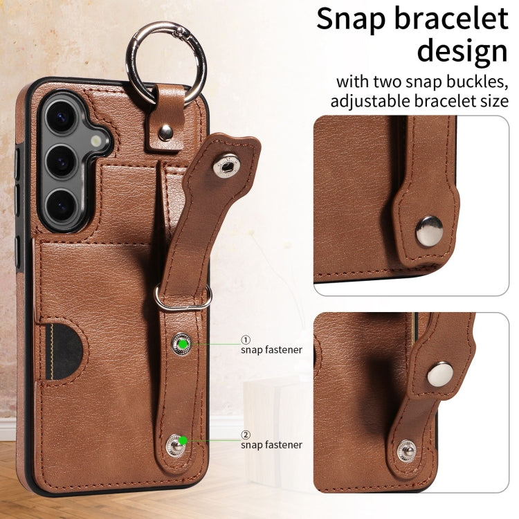 For Samsung Galaxy S24 5G Calf Texture Wrist Card Slot Ring Phone Case(Brown) - HoMEdemic™ 