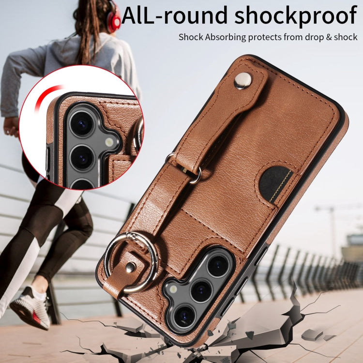 For Samsung Galaxy S24 5G Calf Texture Wrist Card Slot Ring Phone Case(Brown) - HoMEdemic™ 
