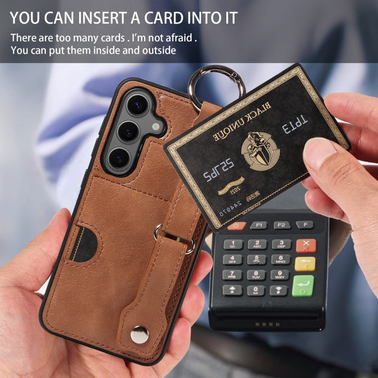 For Samsung Galaxy S24 5G Calf Texture Wrist Card Slot Ring Phone Case(Brown) - HoMEdemic™ 