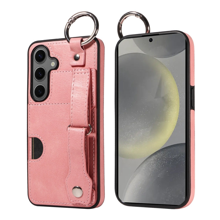 For Samsung Galaxy S24 5G Calf Texture Wrist Card Slot Ring Phone Case(Pink) - HoMEdemic™ 