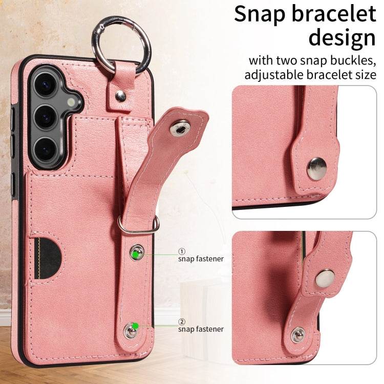 For Samsung Galaxy S24 5G Calf Texture Wrist Card Slot Ring Phone Case(Pink) - HoMEdemic™ 