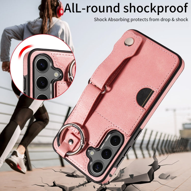 For Samsung Galaxy S24 5G Calf Texture Wrist Card Slot Ring Phone Case(Pink) - HoMEdemic™ 