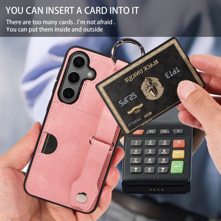 For Samsung Galaxy S24 5G Calf Texture Wrist Card Slot Ring Phone Case(Pink) - HoMEdemic™ 