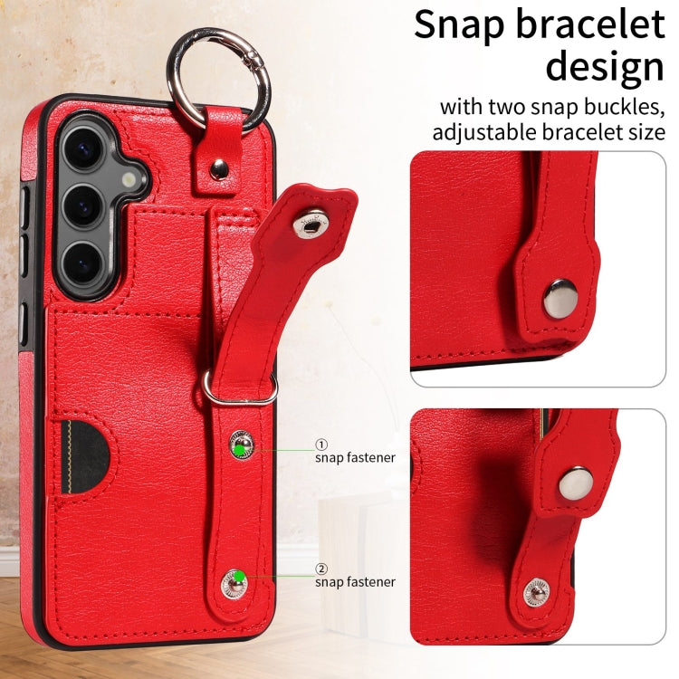 For Samsung Galaxy S24 5G Calf Texture Wrist Card Slot Ring Phone Case(Red) - HoMEdemic™ 