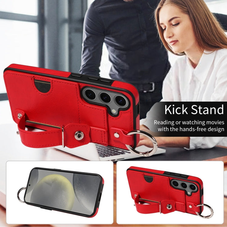 For Samsung Galaxy S24 5G Calf Texture Wrist Card Slot Ring Phone Case(Red) - HoMEdemic™ 