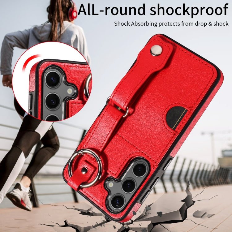 For Samsung Galaxy S24 5G Calf Texture Wrist Card Slot Ring Phone Case(Red) - HoMEdemic™ 