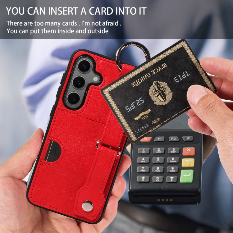 For Samsung Galaxy S24 5G Calf Texture Wrist Card Slot Ring Phone Case(Red) - HoMEdemic™ 