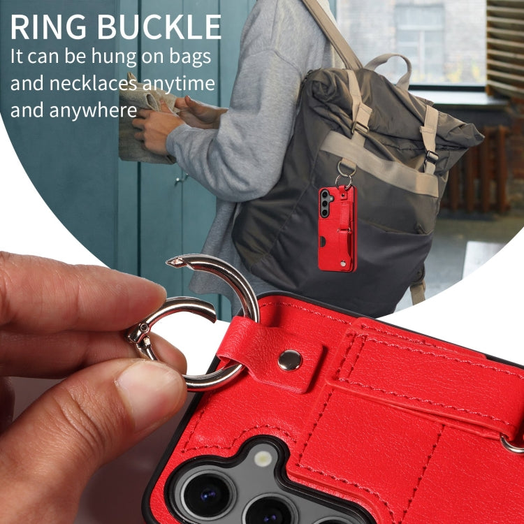 For Samsung Galaxy S24 5G Calf Texture Wrist Card Slot Ring Phone Case(Red) - HoMEdemic™ 